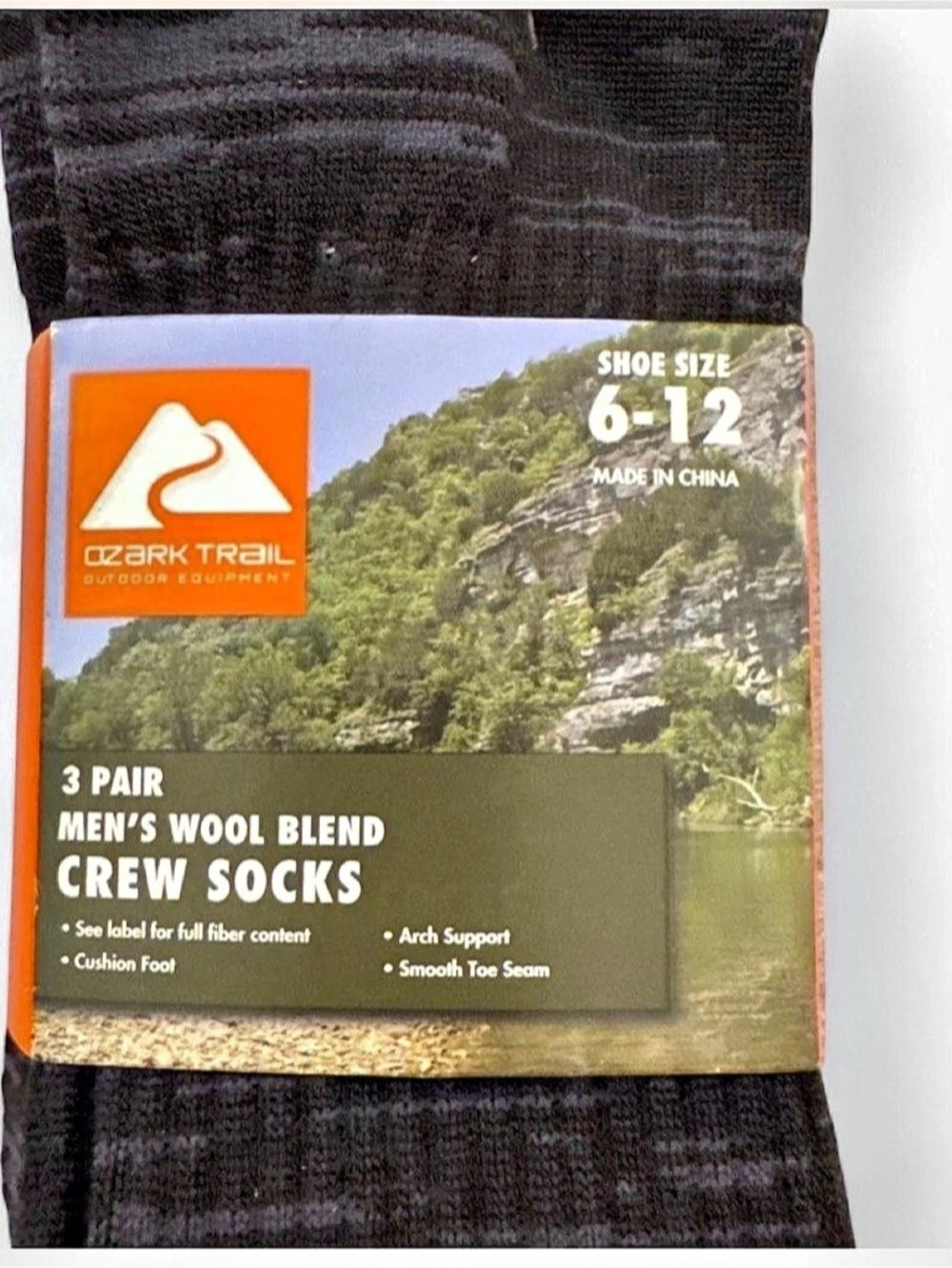 Ozark Trail Men's Wool Blend Crew Socks 3-Pair Pack Black US 6-12 NWT